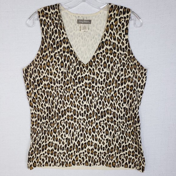 Tommy Bahama Silk Blend Knit Top Leopard Animal Print Sleeveless V-neck size L - Picture 1 of 9